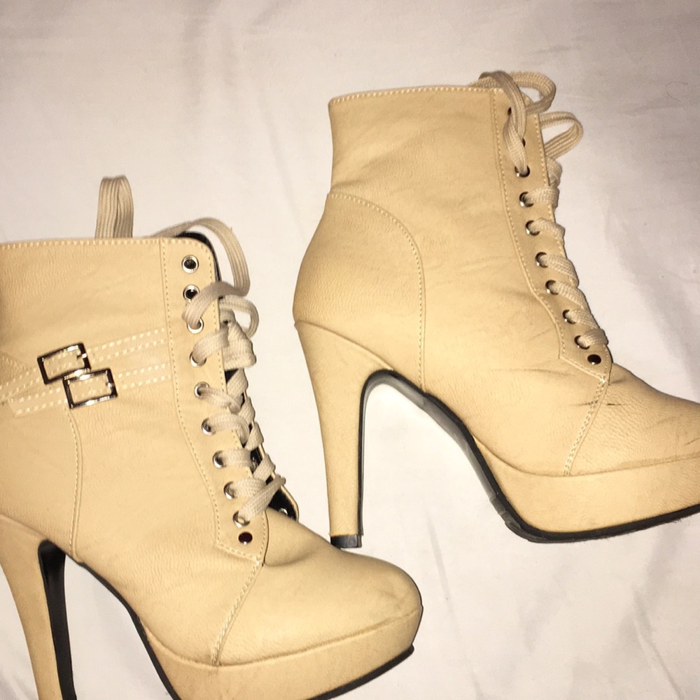 Leather Thick High Heel Short Boots (Beige)
